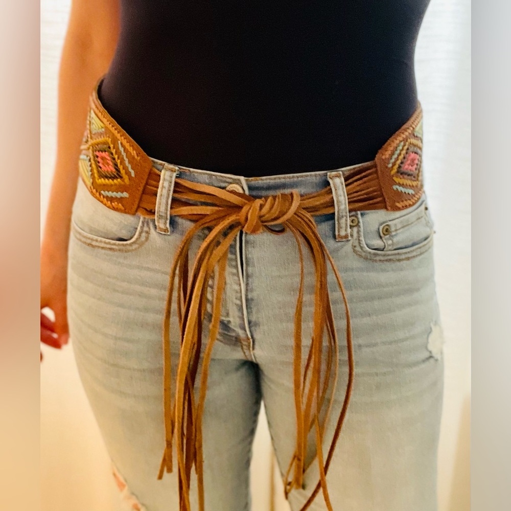 Vintage Y2K Genuine Leather Belt Aztec design tassels Brown Pink Green White